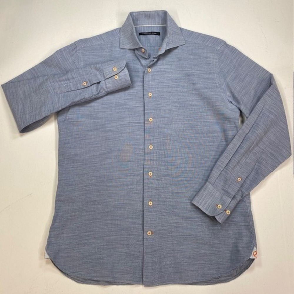 Hammer Made Mens Blue Slub Textured Long Sleeve Button Down Shirt 39 15.5